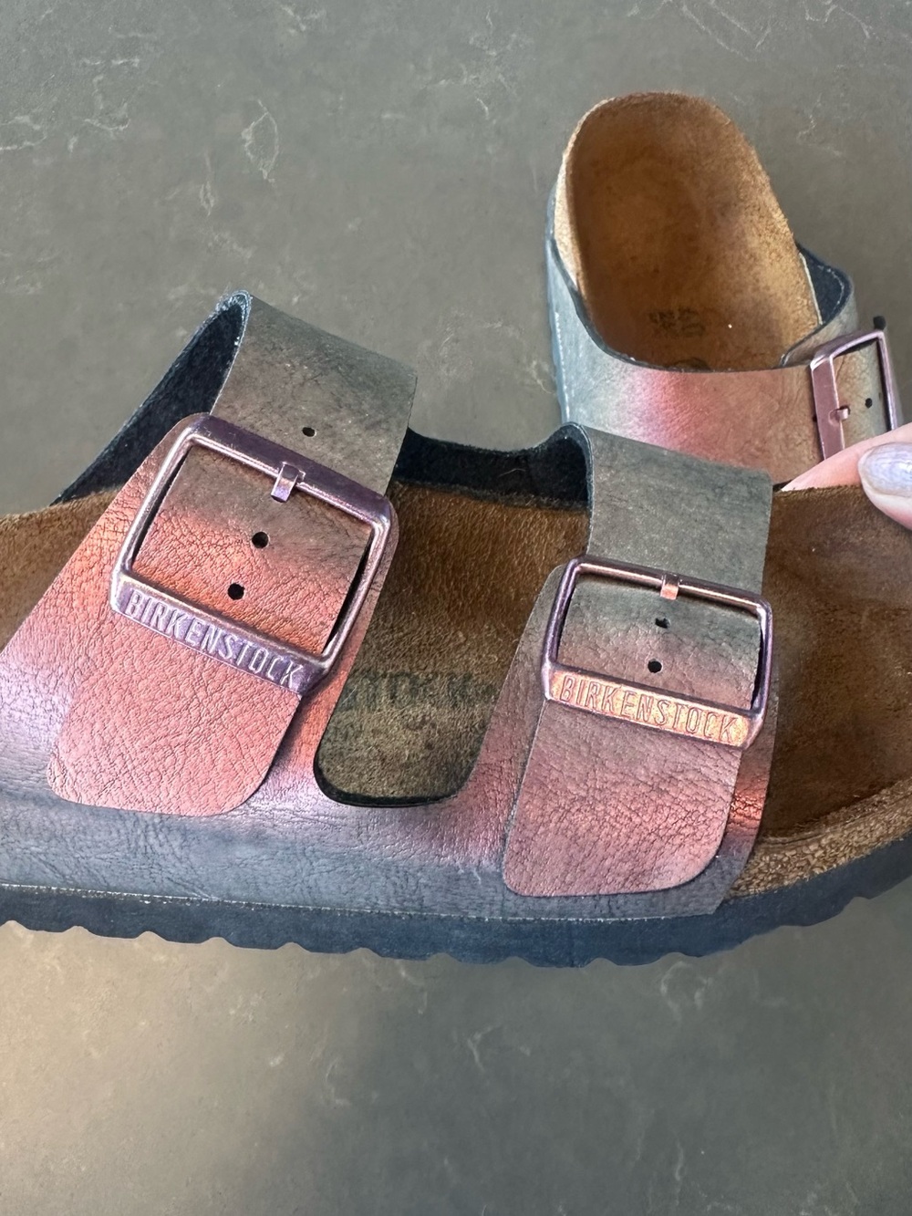 Women’s Birkenstock Arizona Double-Buckle Iridescent Slides - Picture 4 of 6